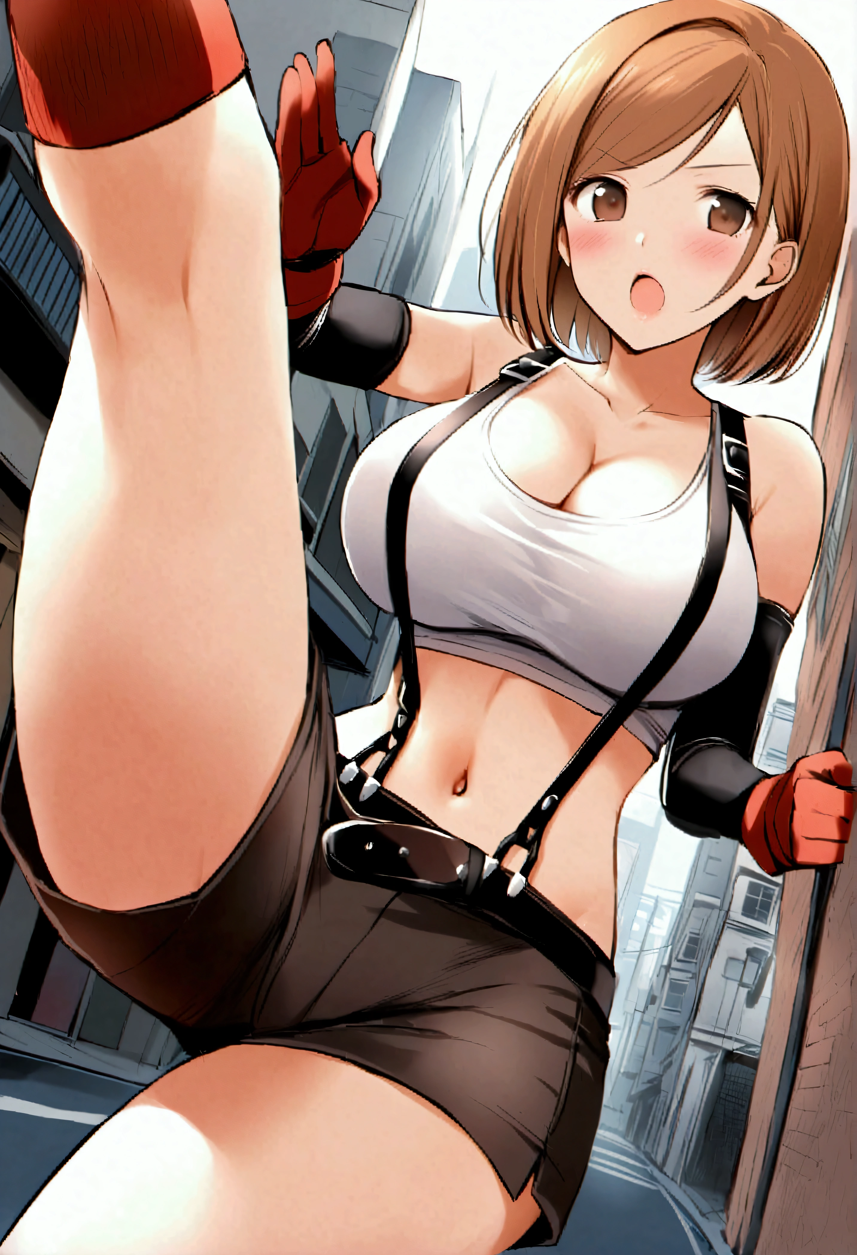 score_9, score_8_up, score_7_up, source_anime, nobara kugisaki, kugisaki nobara, bob cut, brown eyes, brown hair, lips, short hair, large breasts,, tifalockhartcosplay, tifa lockhart (cosplay), suspender skirt, suspenders, navel, midriff, white tank top, cleavage, elbow pads, crop top, tank top, shorts, short shorts, collarbone, gloves, elbow gloves,, cityscape, street, blush, open mouth, fighting stance, leg lift, leg up, , cowboy shot, dutch angle