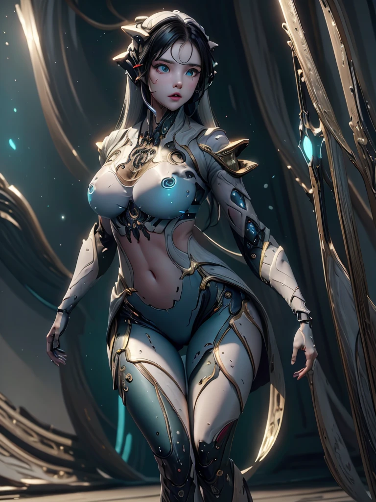 (masterpiece, top quality, best quality, official art, beautiful and aesthetic:1.2), full body view, detailed background, orokin background, warframe, depth of field, wide angle view,
Action pose, action scene, gun in hand, armed, shooting, in combat, fighting,
Wisp outfit, human face, tight fitting outfit, (color:(white, grey, black, nean green, neon blue, bronxe metal)), tight fitting bodysuit, showing some skin, light upper armour, skin indentation, covered breast, bare midriff, bare waist, thigh gap, tiny healed scars, toned, translucent parts,
Beautiful young girl, human face, pretty, pale, white hair, seaweed green inner, dense hair, bangs, detailed hair, cute oval face, detailed eyes, perfect eyes, sea green eyes, glowing eyes, sweaty, shiny skin, detailed skin, slightly flushed cheeks, full lips, slightly parted lips, sexy lips, kind,
Tall, lean, fit, curvy, athletic, cyborg, mechanical parts, thick thighs, big breasts, detailed legs, perfect legs, detailed arms, perfect arms, detailed hands,
Sfw