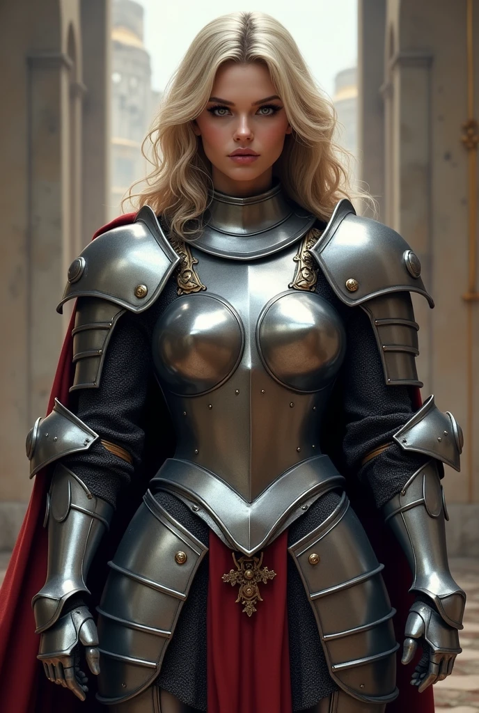 Create a super (((knightgirl))) homen (((brawny))) using a (((armour))) off ((Steel)) with an (((Hole))) at the (((armour))) showing the abs