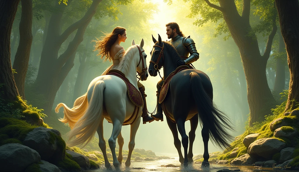 riding horses through a beautiful forest,girl on a white horse, man on a black horse,in the time of the knights