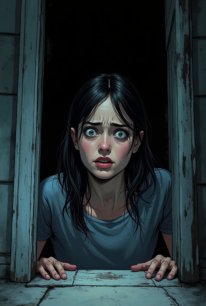 You can create a horror comic type image following this text:The basement door is barely open, showing the darkness within. Sarah turns around sharply, with eyes wide open in terror.