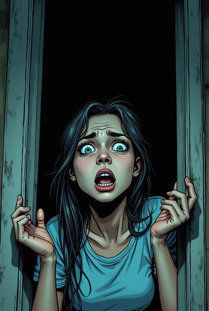 You can create a horror comic type image following this text:The basement door is barely open, showing the darkness within. Sarah turns around sharply, with eyes wide open in terror.
