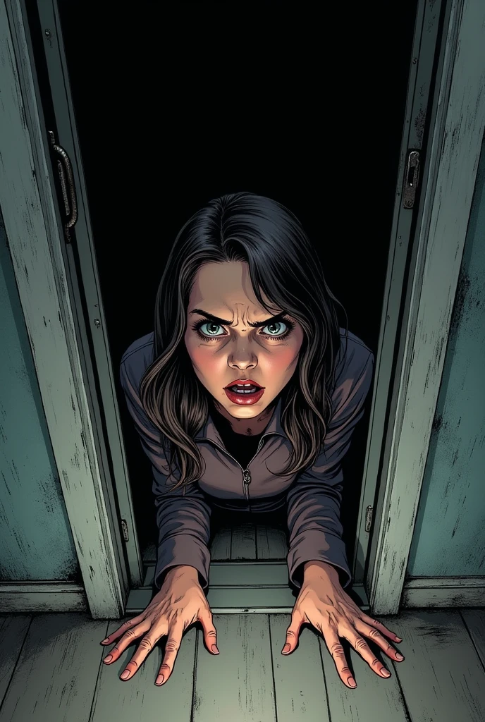 You can create a horror comic type image following this text:The basement door is barely open, showing the darkness within. Sarah turns around sharply, with eyes wide open in terror.