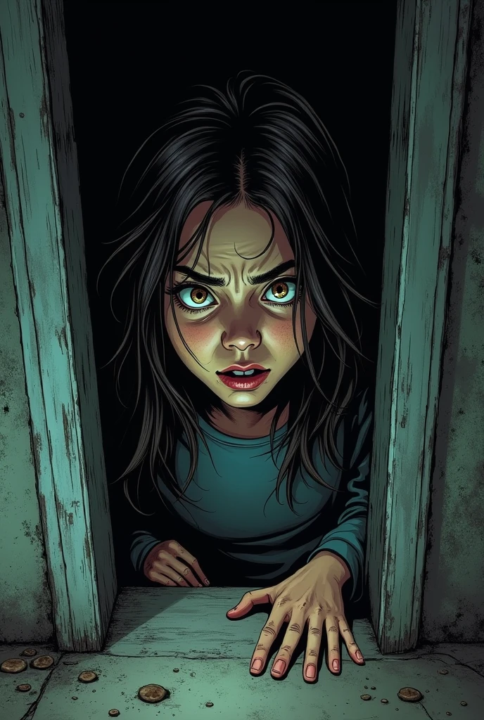 You can create a horror comic type image following this text:The basement door is barely open, showing the darkness within. Sarah turns around sharply, with eyes wide open in terror.