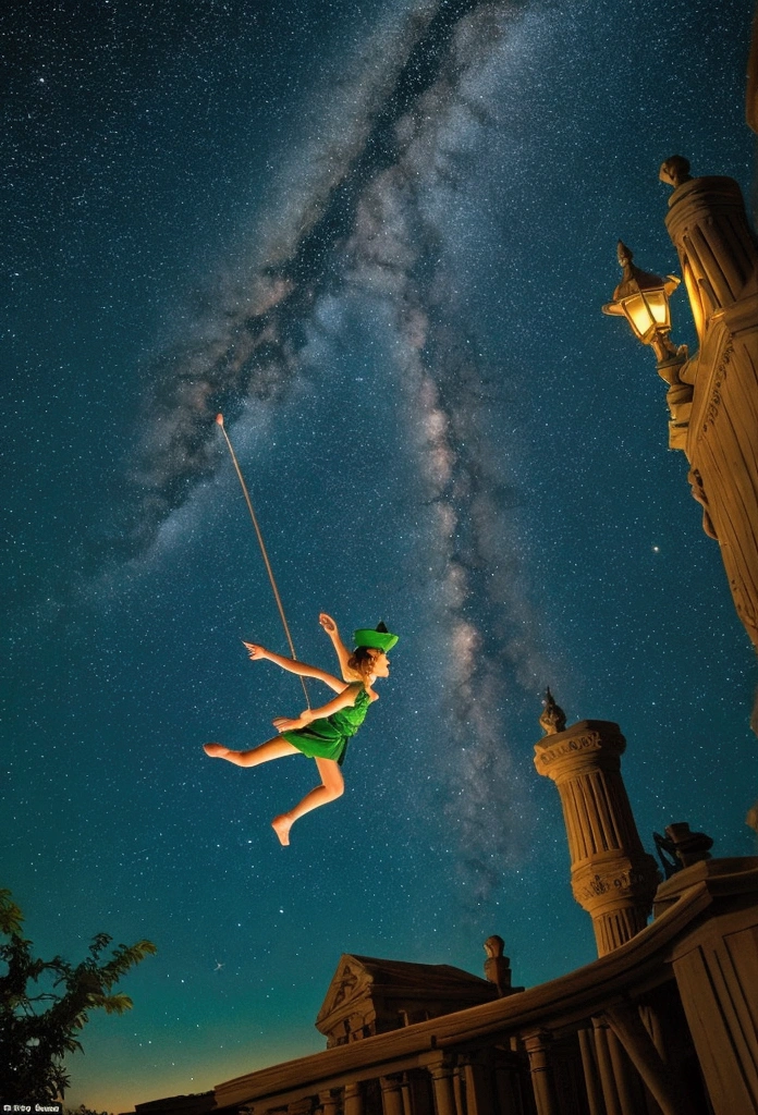 Peter Pan and Wendy in Neverland at night, Flying in a starry sky 