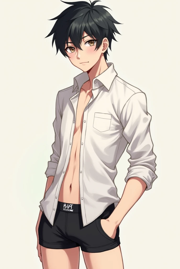 Anime boy wearing black boxer briefs and white dress shirt