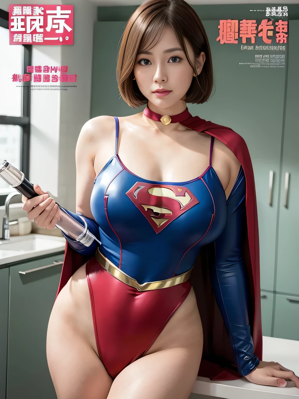 masterpiece、Rubber Supergirl Costume、short hair、barefoot、Big and ample breasts、looking at the camera、choker、Long sleeve、Cape、mini skirt、Off the shoulder、Sweaty skin、In front of laboratory equipment at the hospital、Photo magazine cover、Glamorous cleavage、Boasting beautiful legs、High leg leotard、Glamorous  legs、Nymphomaniac young wife in her 30s、Close-up shot from a close distance、