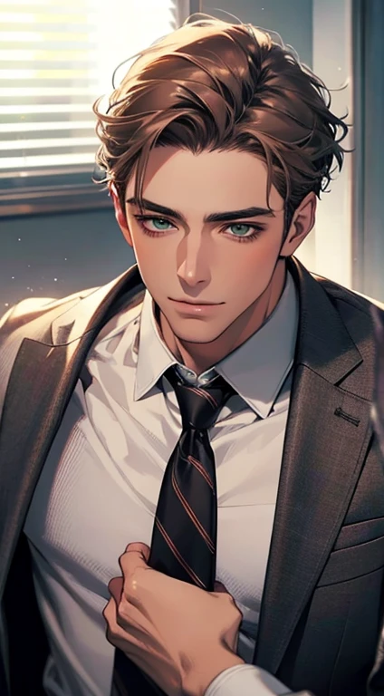 (Highest quality,4K,8K,High resolution,masterpiece:1.2),Super detailed,(Realistic,photoRealistic,photo-Realistic:1.37),1 personld,Mature Men,Beautiful skin、very handsome,Expressionless smile in love,Short gray brown hair,green eyes,Sharp Eyes,A perfect face without a doubt,Businessman, CEO, Office Background,Cinema Lighting,HDR image,tie、