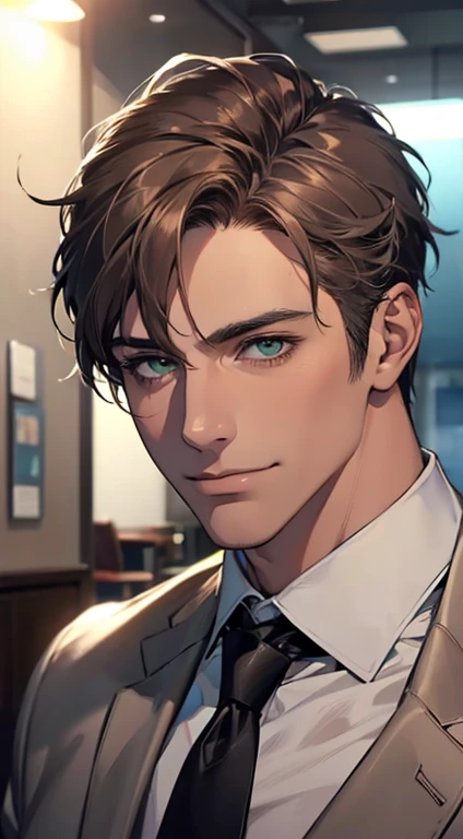 (Highest quality,4K,8K,High resolution,masterpiece:1.2),Super detailed,(Realistic,photoRealistic,photo-Realistic:1.37),1 personld,Mature Men,Beautiful skin、very handsome,Expressionless smile in love,Short gray brown hair,green eyes,Sharp Eyes,A perfect face without a doubt,Businessman, CEO, Office Background,Cinema Lighting,HDR image,tie、