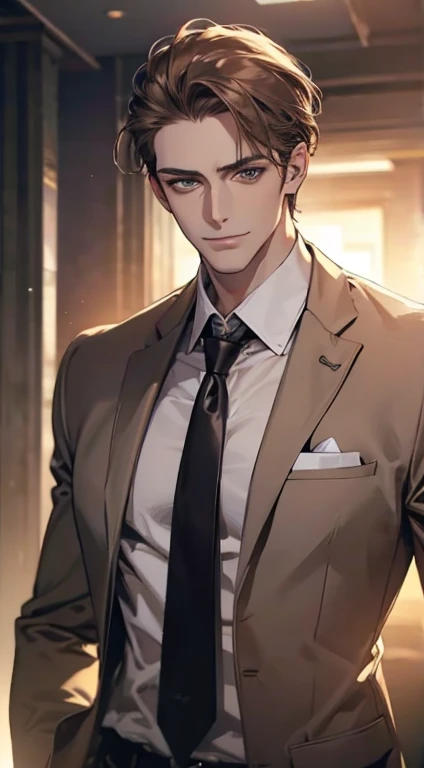 (Highest quality,4K,8K,High resolution,masterpiece:1.2),Super detailed,(Realistic,photoRealistic,photo-Realistic:1.37),1 personld,Mature Men,Beautiful skin、very handsome,Expressionless smile in love,Short gray brown hair,green eyes,Sharp Eyes,A perfect face without a doubt,Businessman, CEO, Office Background,Cinema Lighting,HDR image,tie、