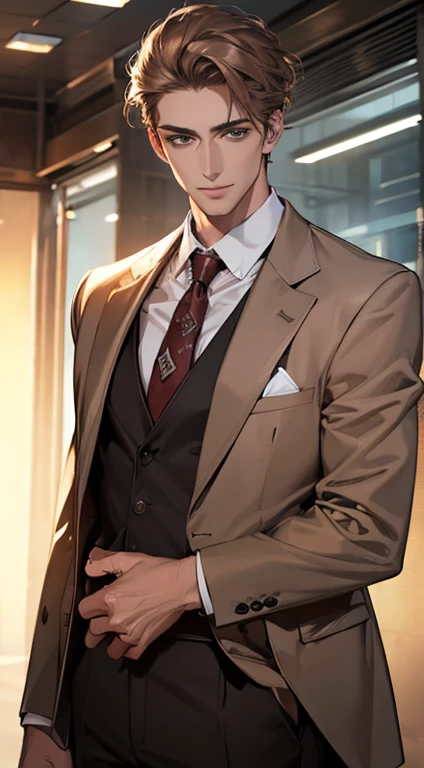 (Highest quality,4K,8K,High resolution,masterpiece:1.2),Super detailed,(Realistic,photoRealistic,photo-Realistic:1.37),1 personld,Mature Men,Beautiful skin、very handsome,Expressionless smile in love,Short gray brown hair,green eyes,Sharp Eyes,A perfect face without a doubt,Businessman, CEO, Office Background,Cinema Lighting,HDR image,tie、