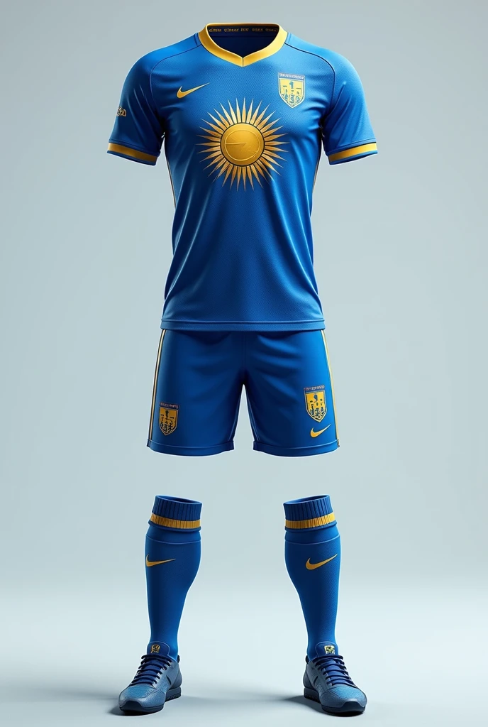 A very beautiful blue and white soccer jersey ( short, socks and t-shirt) with a golden sun logo