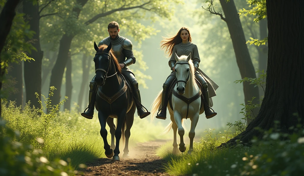 riding horses through a beautiful forest,girl on a white horse, man on a black horse,time of knights, The style is cinematic