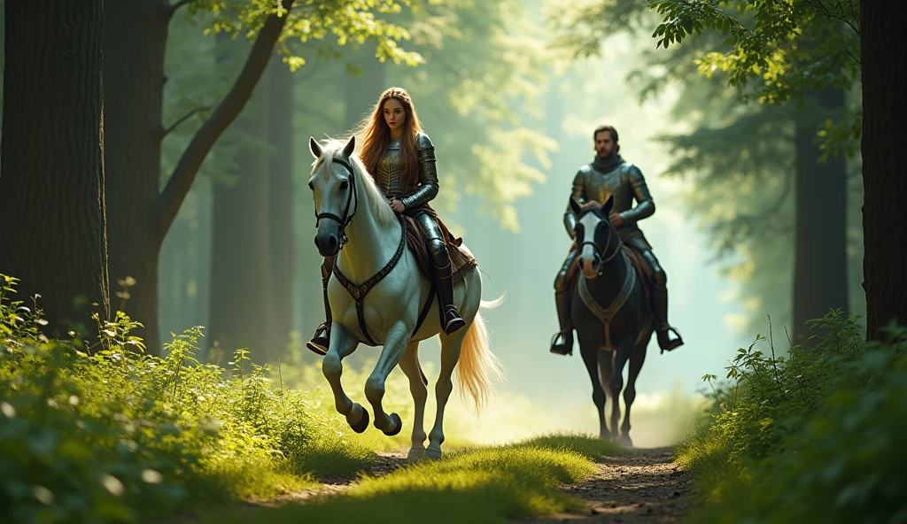 riding horses through a beautiful forest,girl on a white horse, man on a black horse,time of knights, The style is cinematic
