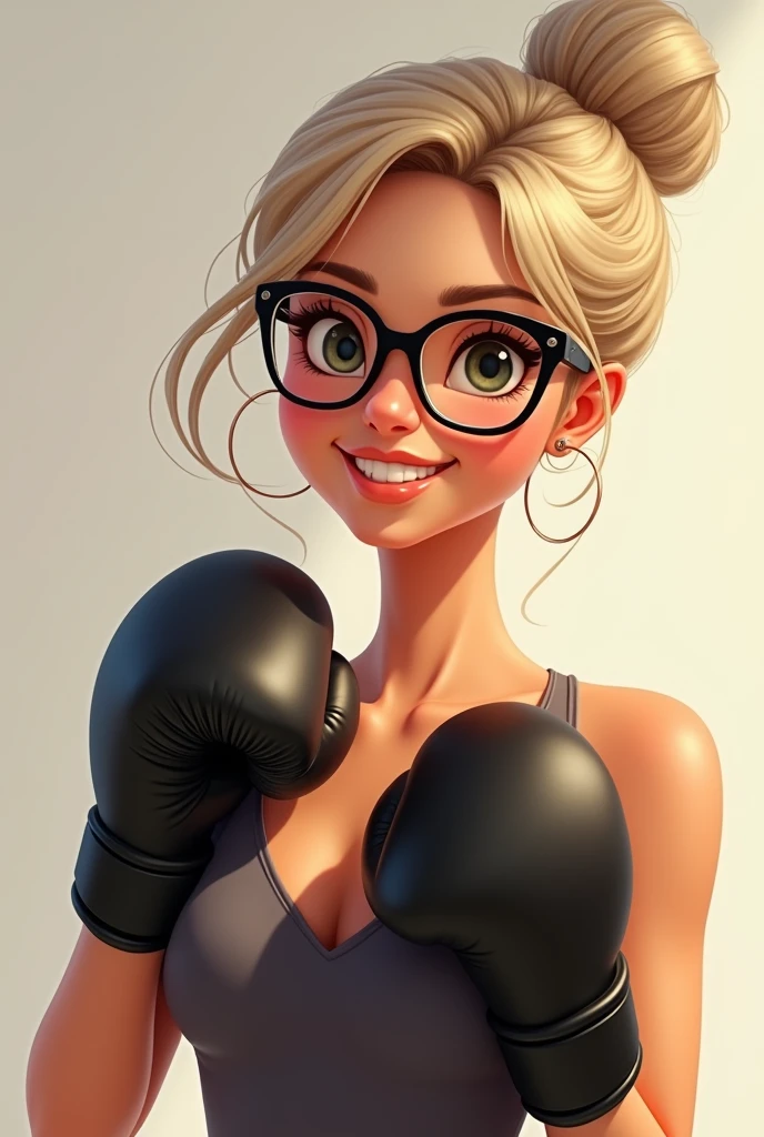 visas Copy ((best quality)), ((masterpiece)), (detailed), perfect face Woman, white, ((thin)), Wearing square-framed glasses, light bun hair, with a wide smile on her face. Wearing black boxing gloves. Raising the left arm as a symbol of resistance and the right hand resting on the chest as a sign of respect. PIXAR style