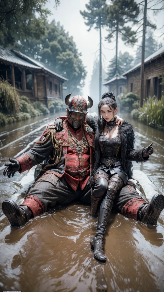 
a woman in a dark imperial military uniform inspects the interior of a gothic house populated by grotesque and surreal figures hyper-realistic, cinematic, 4k, ultra-detailed, masterpiece, intricate-details, photo-realistic, perfect-details ,happy smile