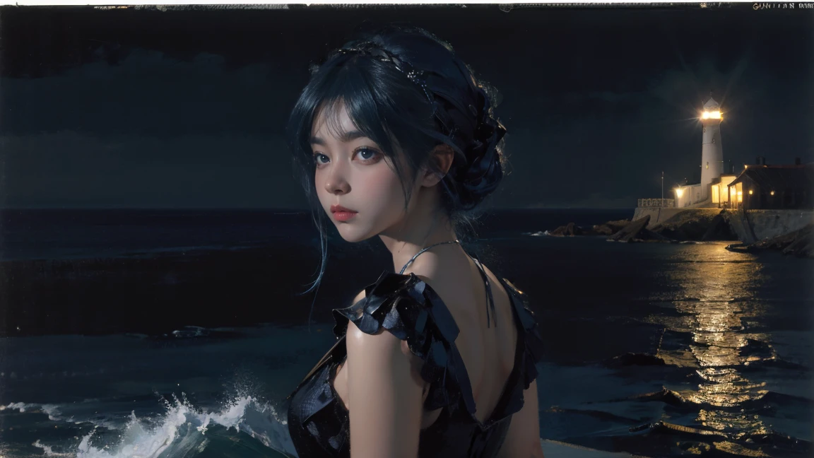 night，Oil painting style，The back of a girl，Blue Hair，ocean，dark，lighthouse,close up