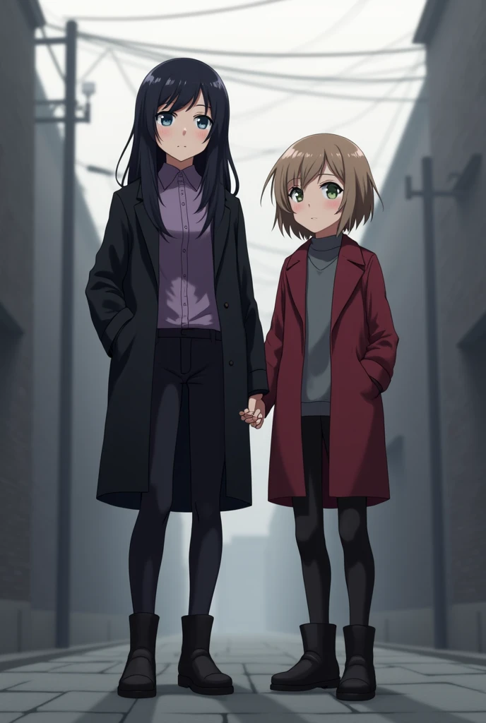 More mature anime style image. Gray background image. Two teenagers. One with long black hair with side bangs and light blue eyes, wore a purple blouse and a black overcoat, black pants and boots. And the other teenager with short light brown hair and light green eyes, wore a gray blouse over a red coat, black pants and black boots.
