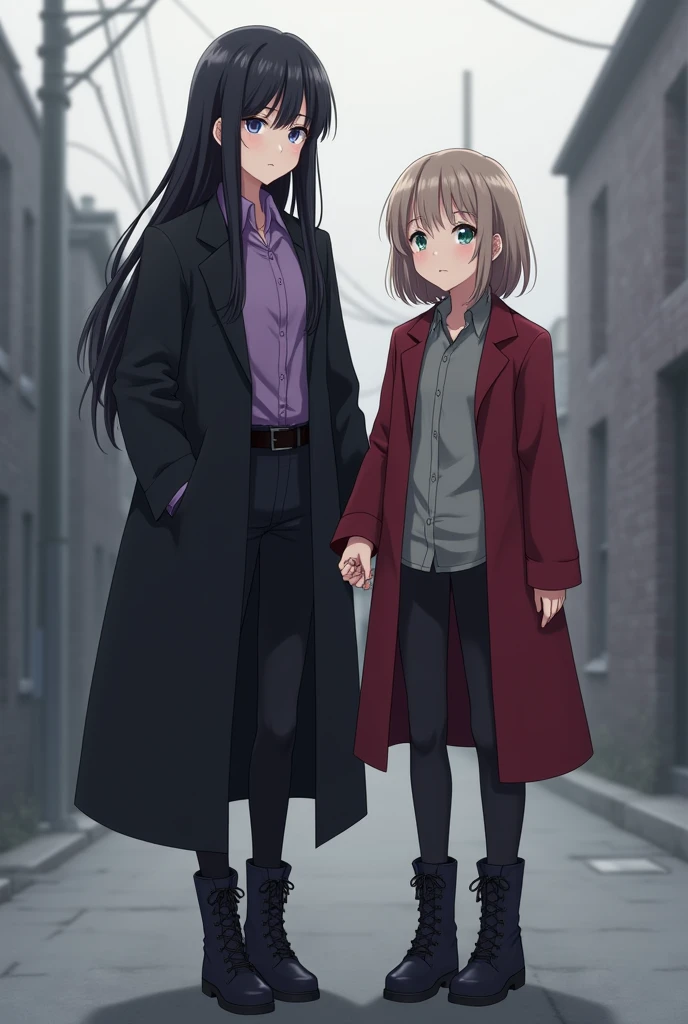 More mature anime style image. Gray background image. Two agers. One with long black hair with side bangs and light blue eyes, wore a purple blouse and a black overcoat, black pants and boots. And the other teen with short light brown hair and light green eyes, wore a gray blouse over a red coat, black pants and black boots.