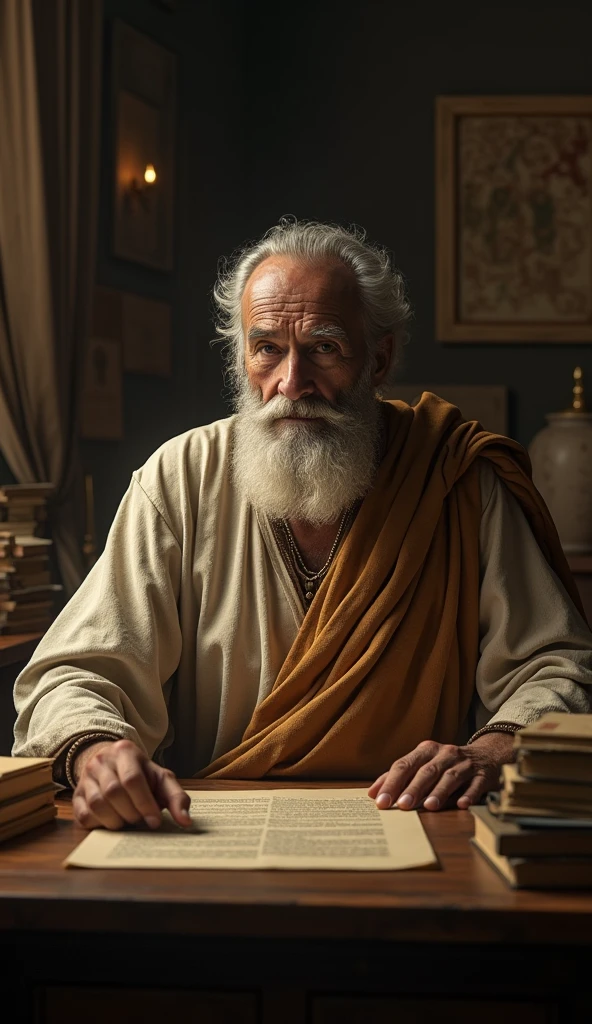 (photorealism:1.2),Galeno, a male physician, oldman with a dedicated tunic look, in a dimly lit study, surrounded by piles of scrolls and books, reflecting his profound impact on the history of medicine, medium shot, hyper-realistic, photo realistic, cinematography ar—9:16, intricate details, warm colors