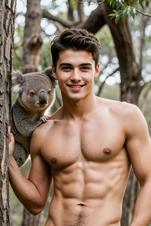 Young handsome cute beautiful skinny white face without shirt  con una koala 