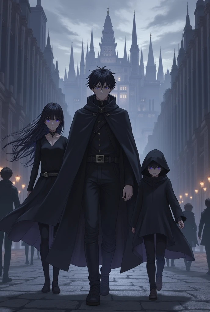 To create an illustration based on your description, I imagined a scene where three brothers arrive at the imposing imperial capital. Here is how I will describe the image generation:

**Description of the scene:**
- **Scenario**: A vast and majestic imperial city stretches out in the background, with high towers, wide stone streets, and an atmosphere of power and grandeur. The sky is cloudy, adding a dark and mysterious tone to the environment.
- **Personagens**: 
  - **older brother (Age 22)**: It&#39;s ahead, with a serious and resolute expression. He wears a simple black cloak, but which gives an air of authority.
  - **Middle sister (18-years old)**: Walks beside his older brother, With black hair down to his shoulders. She wears tight black clothes., with a black skirt that flutters in the wind. His gaze is confident and watchful.
  - **younger brother ()**: It&#39;s a little behind, partially covered by a black hood, hiding part of his face, but revealing the bright lilac eyes. He seems reserved, but pay attention to your surroundings.
- **Common Attributes**: All the brothers have black hair and lilac eyes., a detail that can be highlighted to create a strong visual connection between them.
- **Paleta de cores**: Predominance of black and dark tones, with the brightness of lilac eyes as a contrast