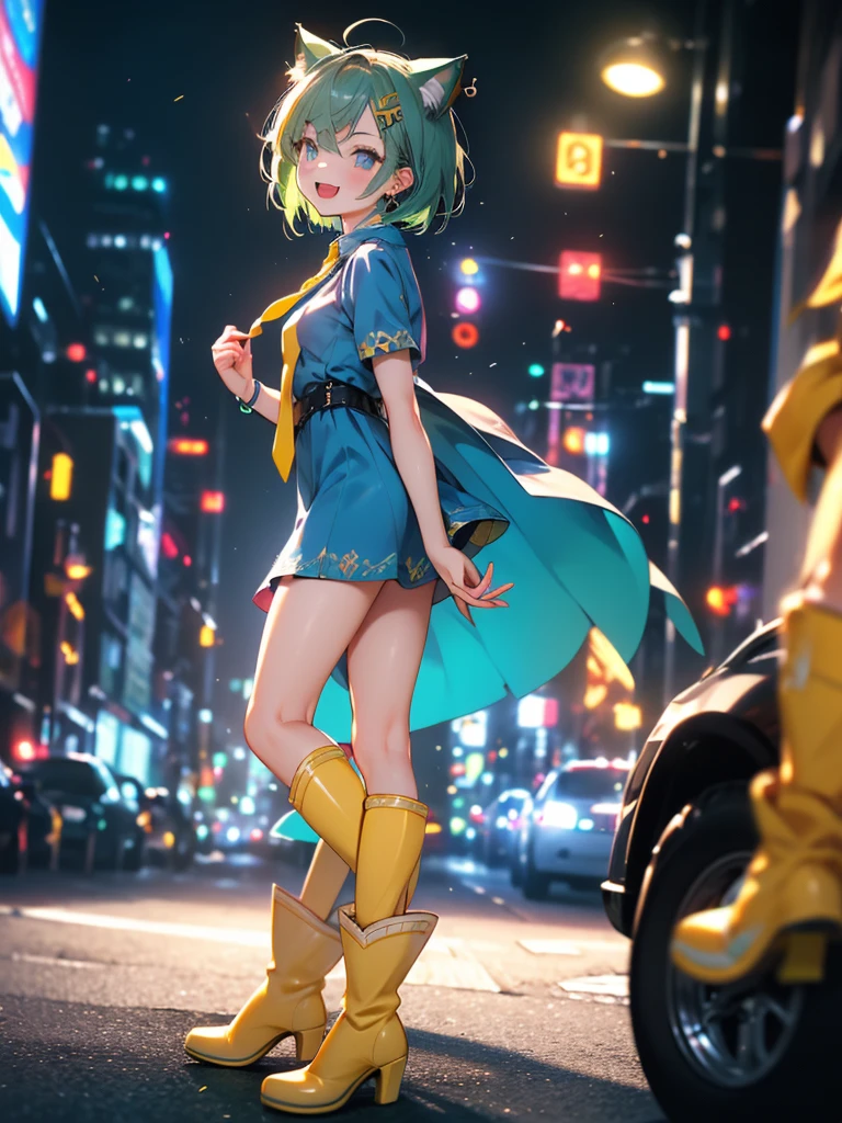 (8k, RAW Photo, Top Quality, Refined Details, Masterpiece: 1.2), (High Resolution 8k Wallpaper), Sharp Focus, Professional Lighting, Depth of Field, Cinematic Lighting, Background Blur, (1Girl:1.4), (small breasts:1.4), Smile, whole body, (white knee-high socks: 1.2), (green hair: 1.2), (blue dress: 1.4), (yellow tie: 1.4), (yellow boots: 1.4), animal ears, short hair, earrings, cat ears,blue eyes, standing looking back,