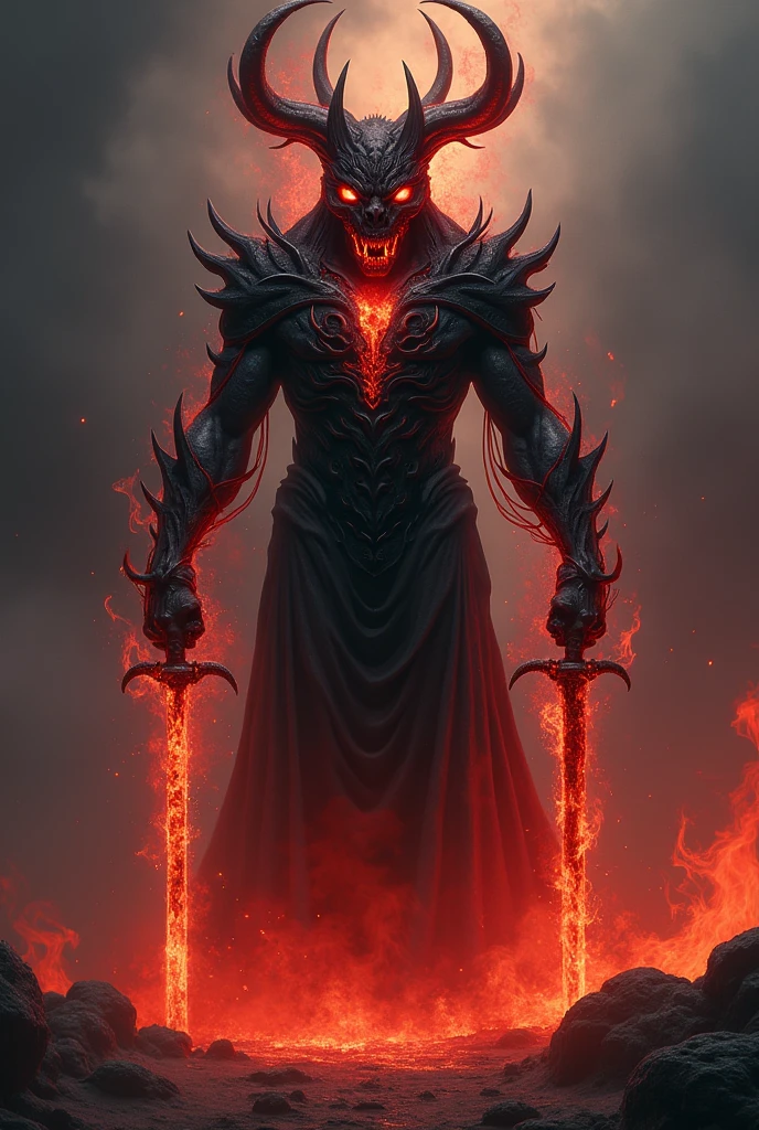 create a very powerful red and black villain with a demonic appearance with eyes of fire particles with lava crown made of skull and he has an animal called infernus three heads with saber tooth four horn sitting on the black torso with two swords of fire photos one on each side left right back and front