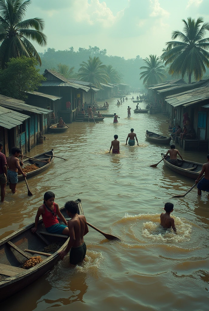 the Bangladesh map land was washed away by flood water. People are rescuing.