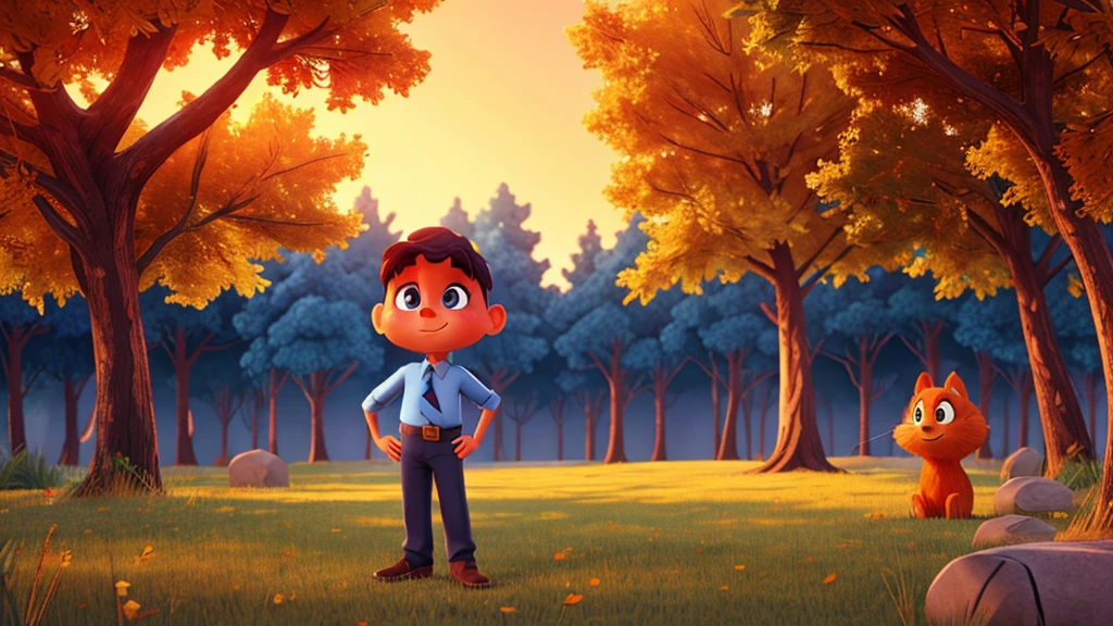 "A vibrant digital painting of a  boy, Tommy, dressed in a blue detective outfit, with a gentle smile, explaining to a frightened squirrel, Sammy, the reason behind his investigation. The scene is set in a twilight forest, with golden sunlight illuminating their faces. Sammy, with big, bright eyes, listens intently, while Tommy gestures with his hands. In the background, the silhouette of a giant tree stands out against the orange sky, creating an atmosphere of mystery and hope."