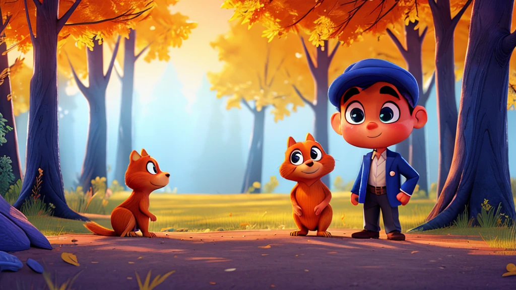 "A vibrant digital painting of a  boy, Tommy, dressed in a blue detective outfit, with a gentle smile, explaining to a frightened squirrel, Sammy, the reason behind his investigation. The scene is set in a twilight forest, with golden sunlight illuminating their faces. Sammy, with big, bright eyes, listens intently, while Tommy gestures with his hands. In the background, the silhouette of a giant tree stands out against the orange sky, creating an atmosphere of mystery and hope."