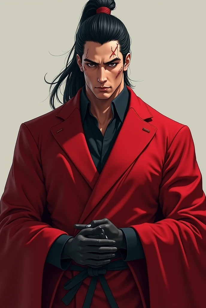 (realist) Elegant and attractive man between 28 and 3, Tez blanca, scars on the body, shoulder length black hair, gathered in a half ponytail, covered only with a red robe, MUSCLE AND TALL (210 cm approximately) marked features, leader of a secret organization, black eyes