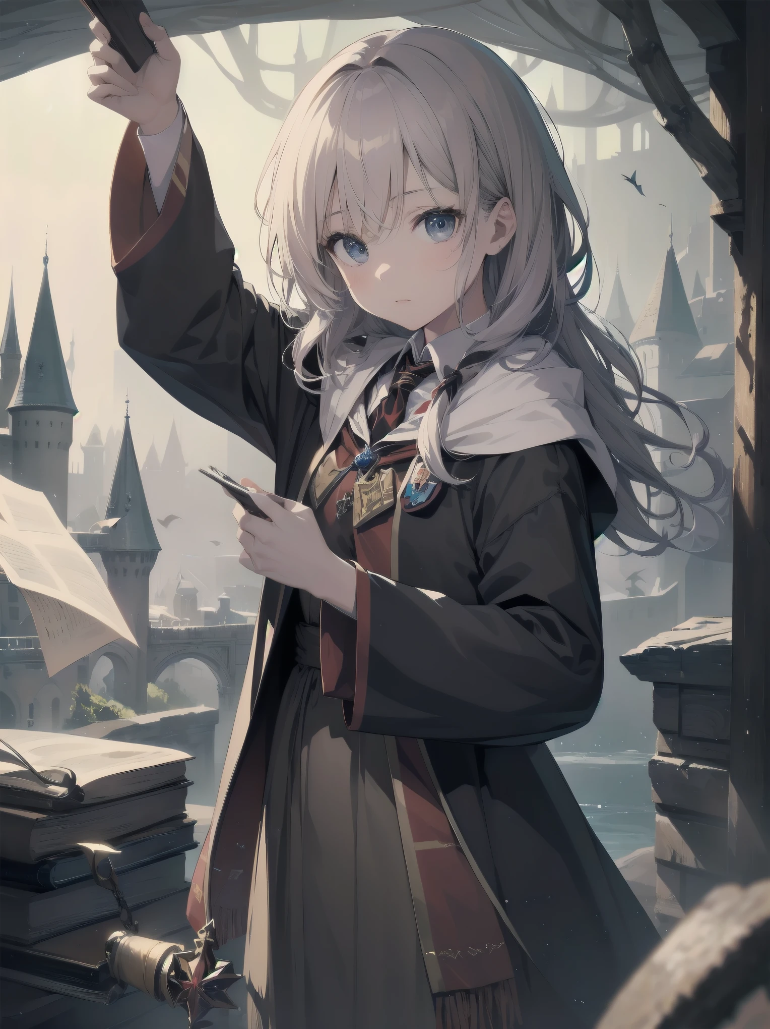 Masterpiece, Top Quality, Absurd, High Resolution, Subject Seismic, Animation Style Illustration with Mock Pause, 1 Girl, Solo, Cute random hairstyle, beautiful random expression and face, random age, slender, random clothing for situation,wizard robes, wand, magical castle, owl, spell book, (Hogwarts: 1.2), magic, wonder, (Harry Potter inspired: 1.3), mysterious atmosphere, details