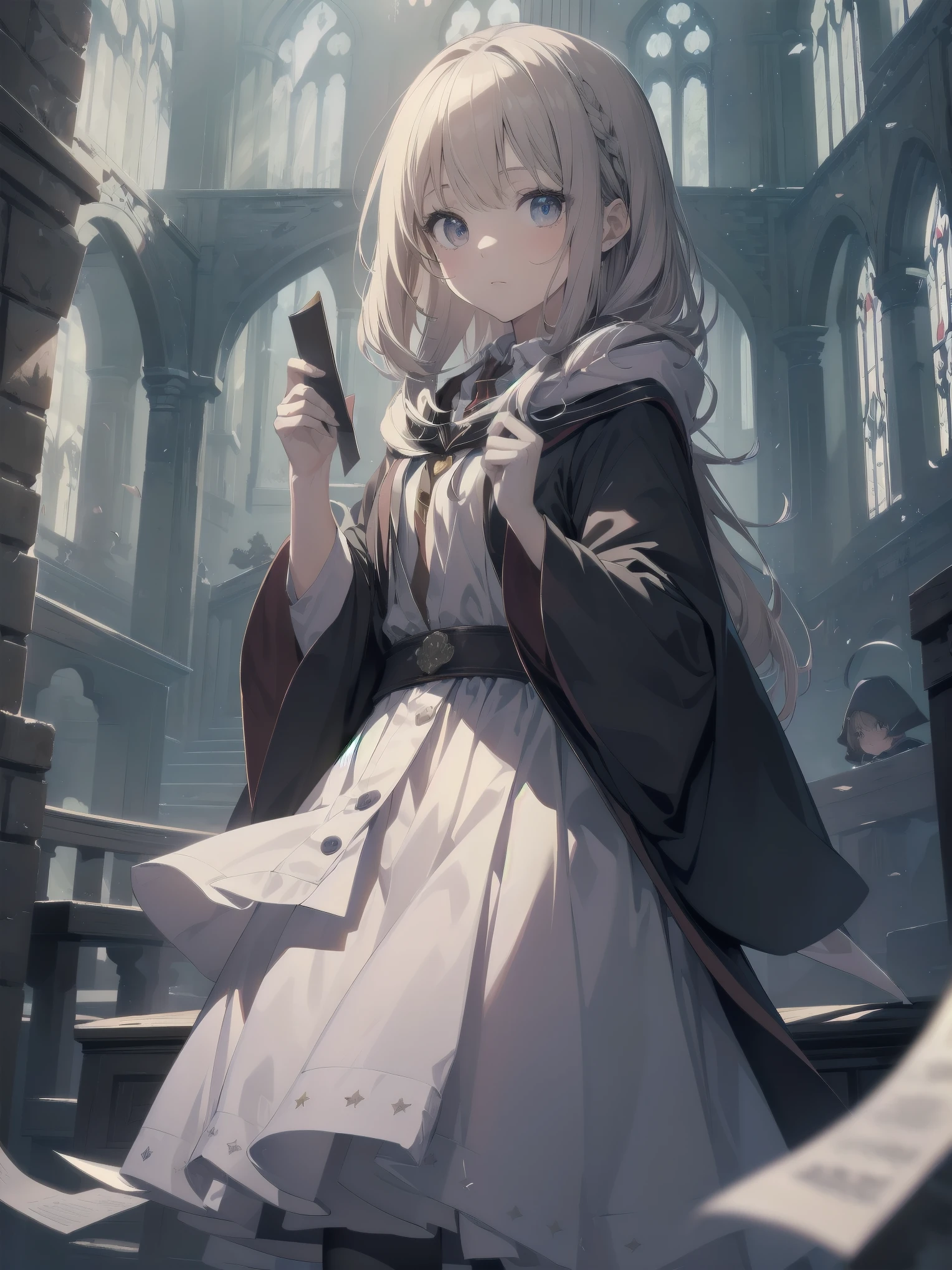 Masterpiece, Top Quality, Absurd, High Resolution, Subject Seismic, Animation Style Illustration with Mock Pause, 1 Girl, Solo, Cute random hairstyle, beautiful random expression and face, random age, slender, random clothing for situation,wizard robes, wand, magical castle, owl, spell book, (Hogwarts: 1.2), magic, wonder, (Harry Potter inspired: 1.3), mysterious atmosphere, details
