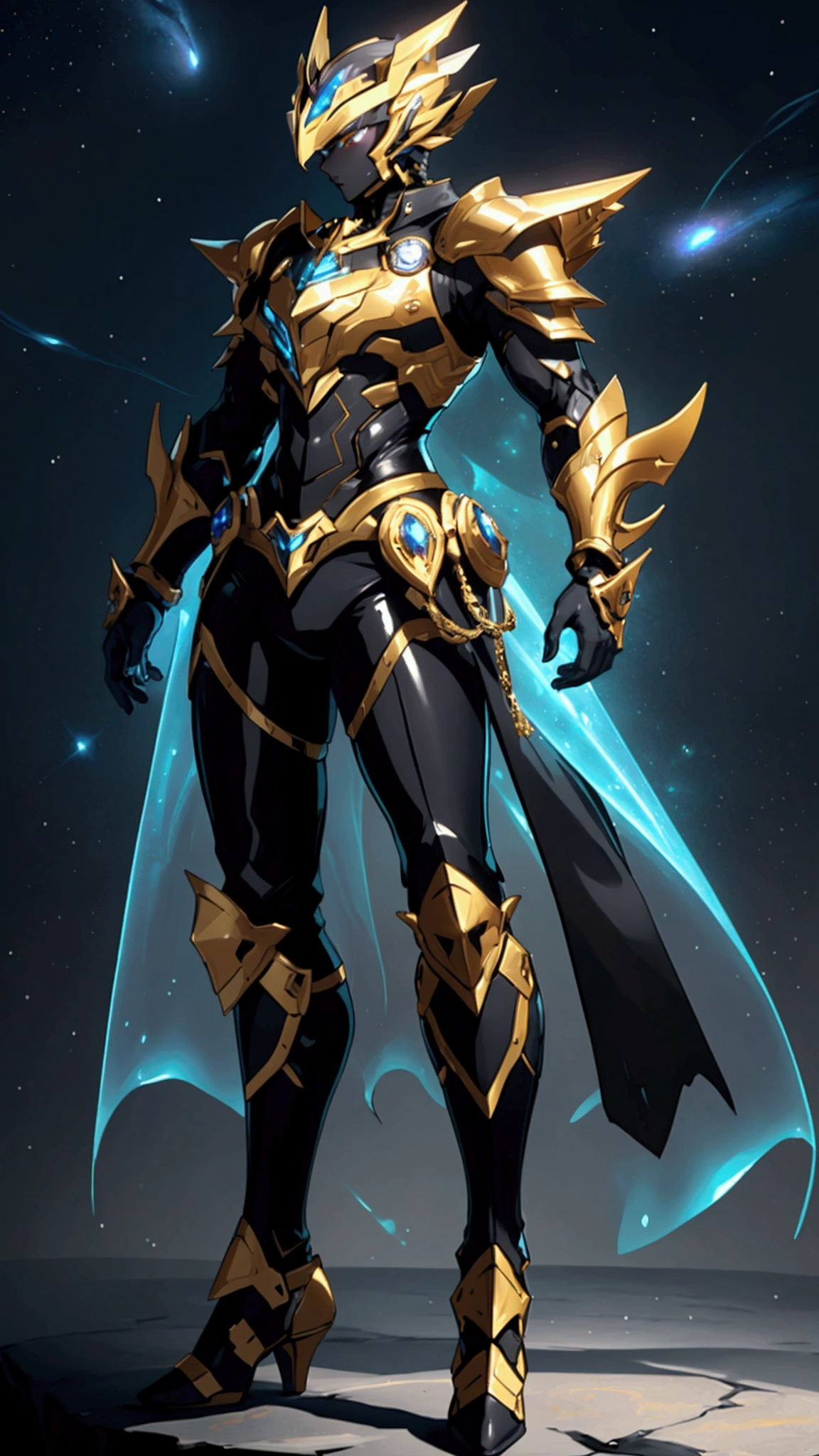 It's a man. The image presents a highly detailed and futuristic armor designed for a male warrior. The armor combines elements from different parts to create a cohesive and powerful look. Helmet: The helmet features a sleek, aerodynamic design with a golden metallic finish. It has a central crest that rises upwards, and the visor glows with a bright blue light, giving it a high-tech, futuristic appearance. Pauldrons (Shoulder Pads): The shoulder pads are designed to be close to the chest, with angular lines extending smoothly toward the shoulders. They have a polished golden finish and curve elegantly upward, creating a harmonious transition between the chest and shoulders, while providing a majestic and protective look. Chest Plate: The chest plate is intricately segmented, with a combination of gold and dark metallic blue. It has a gem-like crystal in the center that emits a soft, mystical glow. The design of the chest plate is both protective and regal, with sharp, angular lines that add to the overall futuristic aesthetic. Arm Guards: The arm guards are sleek and streamlined, with articulated golden and purple segments that offer flexibility and protection. The design of the gauntlets is both robust and elegant, incorporating futuristic elements that blend with the classic style. Leg Armor: The legs are armored with segmented plates that are primarily gold and purple. The boots are angular and sturdy, with a design that conveys both strength and agility. The overall look of the leg armor is grounded yet sleek, completing the ensemble with a powerful stance. The background of the image is a dark cosmic scene, filled with distant stars and nebulae that highlight the polished surfaces of the armor. Dynamic lighting is used to emphasize the key features, particularly the glowing visor and central chest gem, reinforcing the mystical and imposing nature of the warrior.