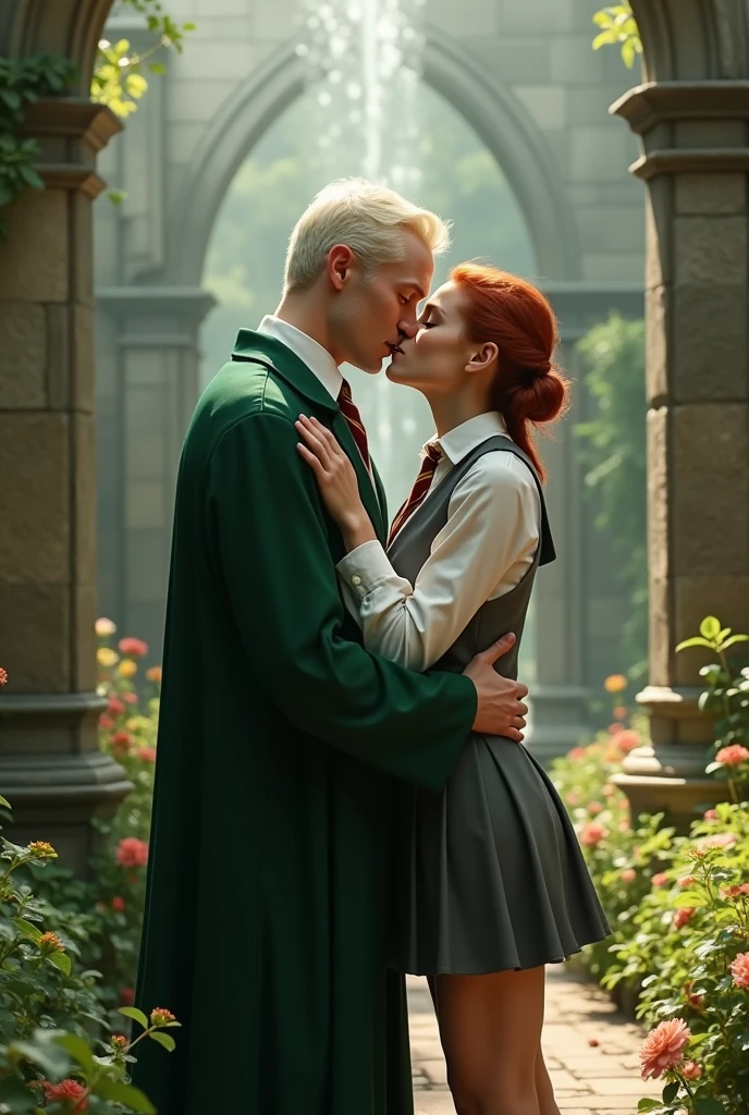 Draco Malfoy in the Quidditch team uniform and in his fourth year at Hogwarts kissing Ginny Weasley in the common Gryffindor class uniform at Hogwarts Garden
