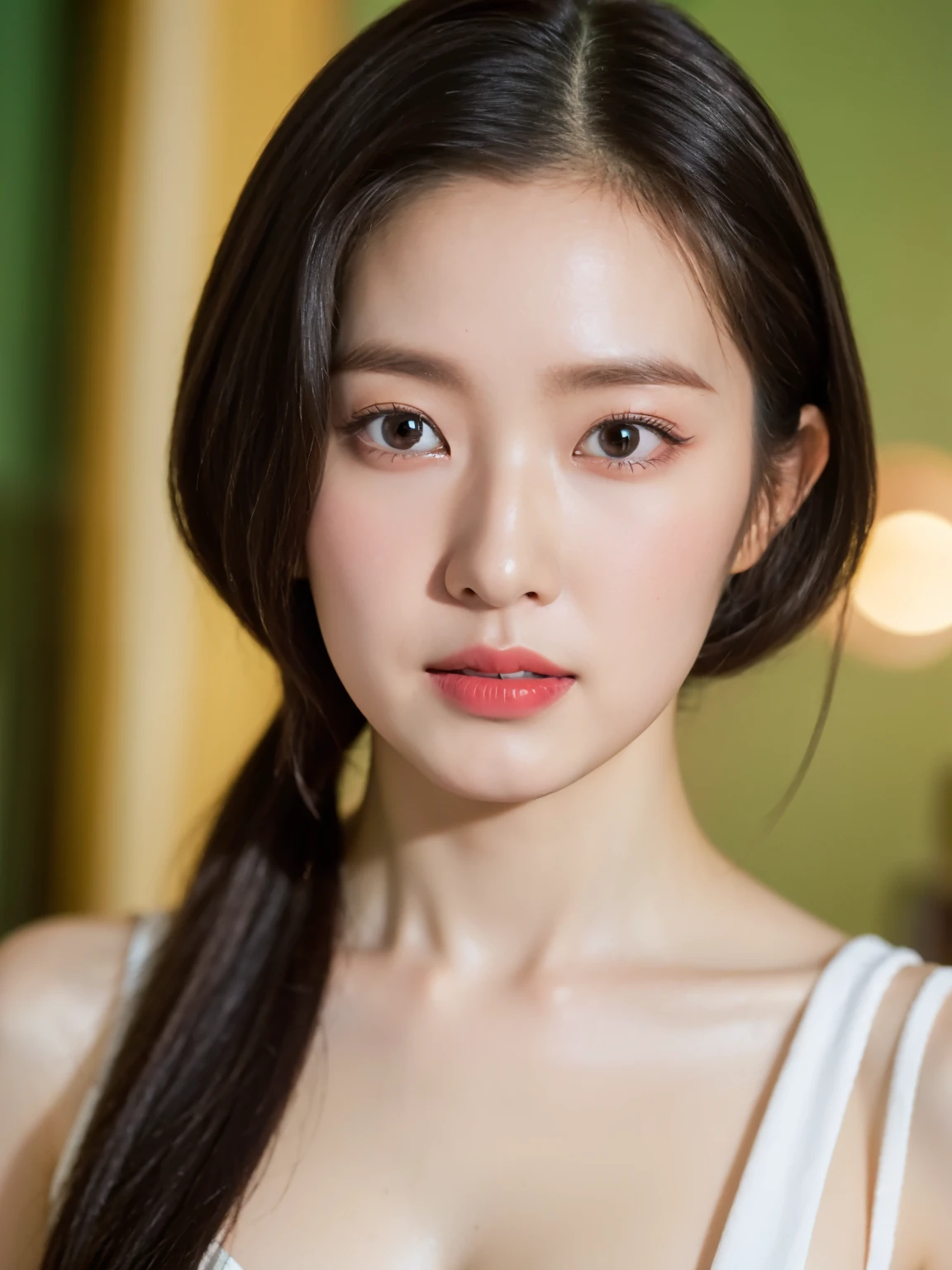 (8K, RAW photo, Best quality, Masterpiece:1.2), (Photorealism), (Extremely detailed Cg Unity 8K wallpaper), ((1 girl)), (Surrounded by flower1.4), pony-tail hair, cleavage, (Perfect:1.4), (Medium breasts:1.2), Beautiful face, Clear Focus, Cocktail black dress set, bokeh background in hotel room, fine eyes, fine skin, fine lips, Model flattering portrait pose, eyes color contacts lens is  gemstone green, random body orientation,