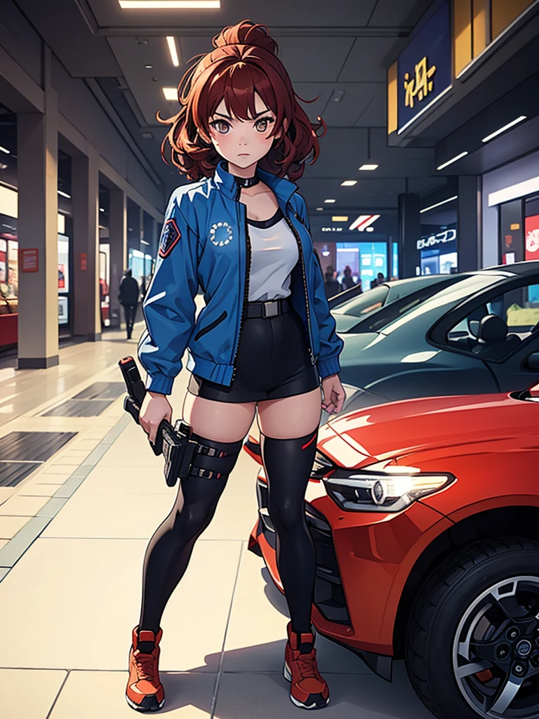 (masterpiece), (best quality), one girl, alone, red hair,((brown eyes)),curly hair, anime style, freckles, (mall breast, (petite figure), blue and black cyberpunk jacket, legs, desert background