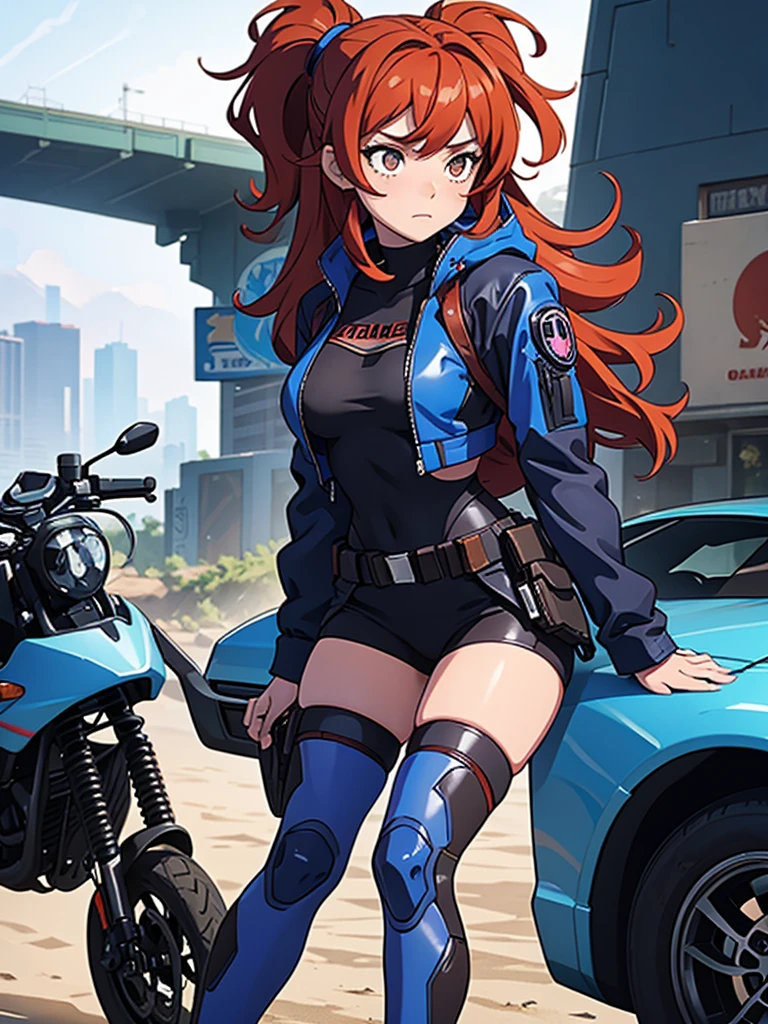 (masterpiece), (best quality), one girl, alone, red hair,((brown eyes)),curly hair, anime style, freckles, (mall breast, (petite figure), blue and black cyberpunk jacket, legs, desert background