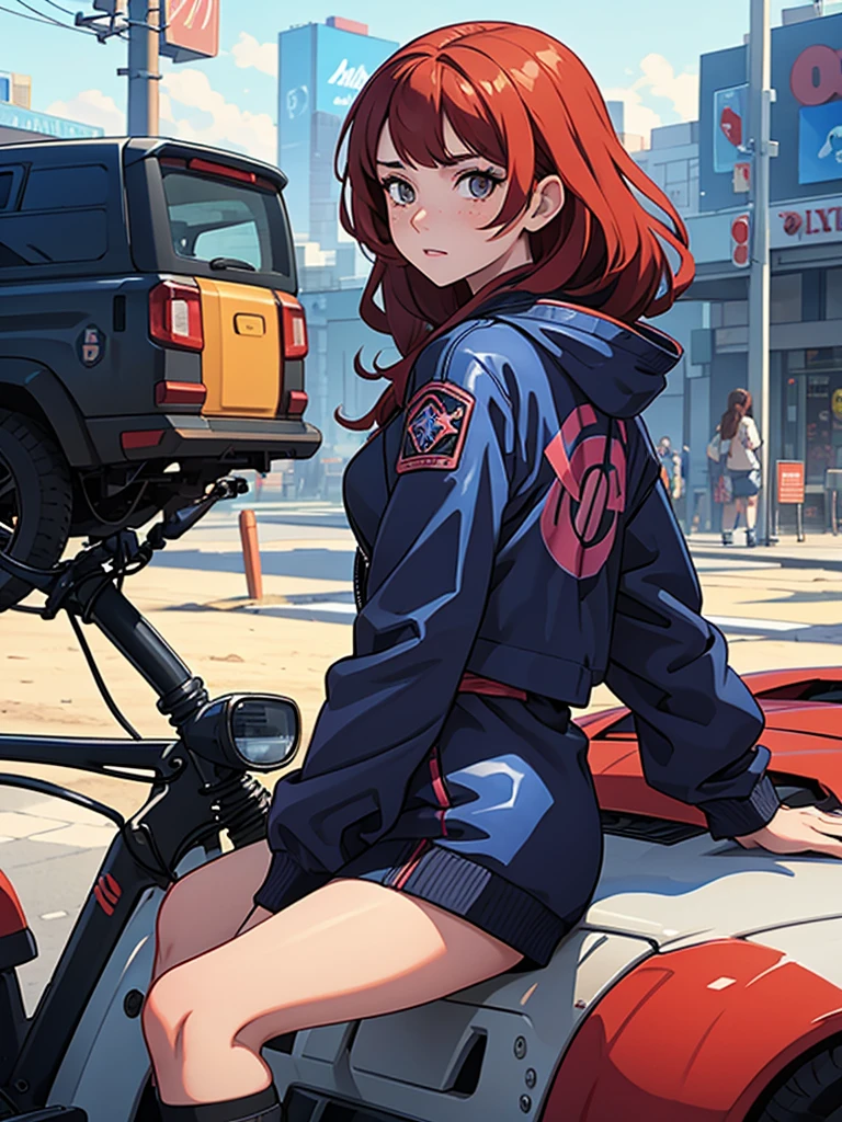 (masterpiece), (best quality), one girl, alone, red hair,((brown eyes)),curly hair, anime style, freckles, (mall breast, (petite figure), blue and black cyberpunk jacket, legs, desert background