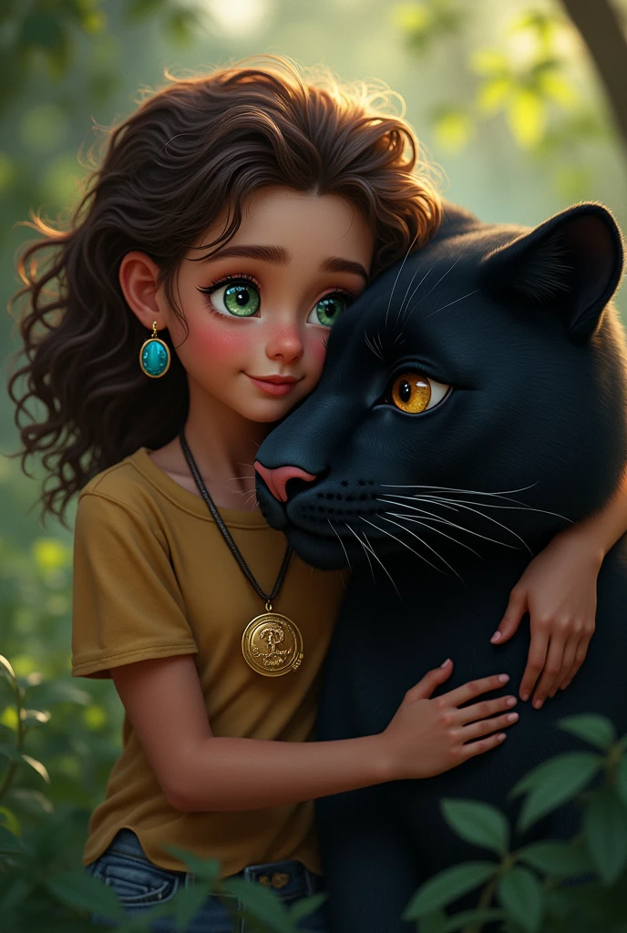 A girl with wavy chocolate hair and green eyes wearing a medal and blue oval gemstone earrings hugging a black panther with brown eyes 