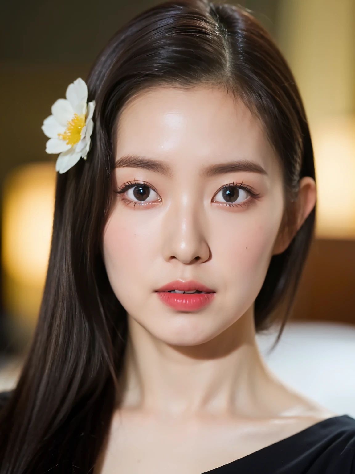 (8K, RAW photo, Best quality, Masterpiece:1.2), (Photorealism), (Extremely detailed Cg Unity 8K wallpaper), ((1 girl)), (Surrounded by flower1.4), pony-tail hair, cleavage, (Perfect:1.4), (Medium breasts:1.2), Beautiful face, Clear Focus, Cocktail black dress set, bokeh background in hotel room, fine eyes, fine skin, fine lips, Model flattering portrait pose, eyes color contacts lens is gemstone green, random body orientation,