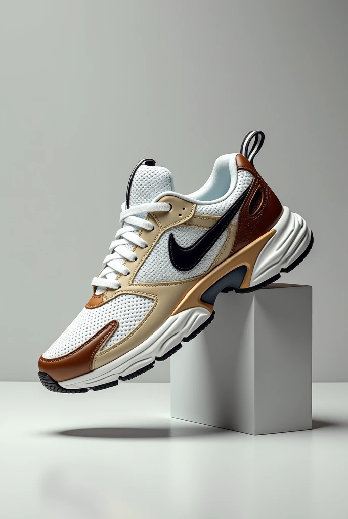 portrait artistic photo of LV  brand sport shoes , only white fluorescent , brown , black and golden colors