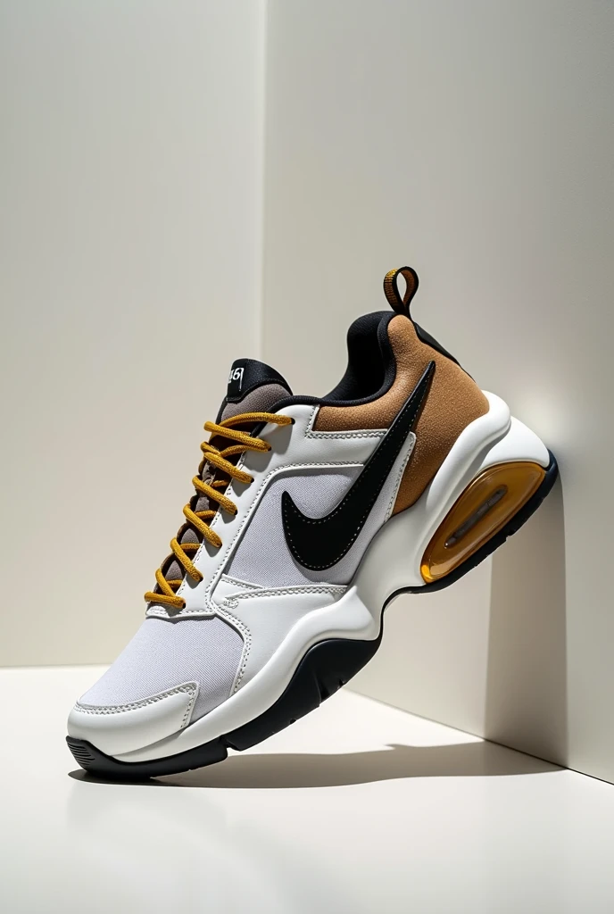 portrait artistic photo of LV brand sport shoes , only white fluorescent , brown , black and golden colors