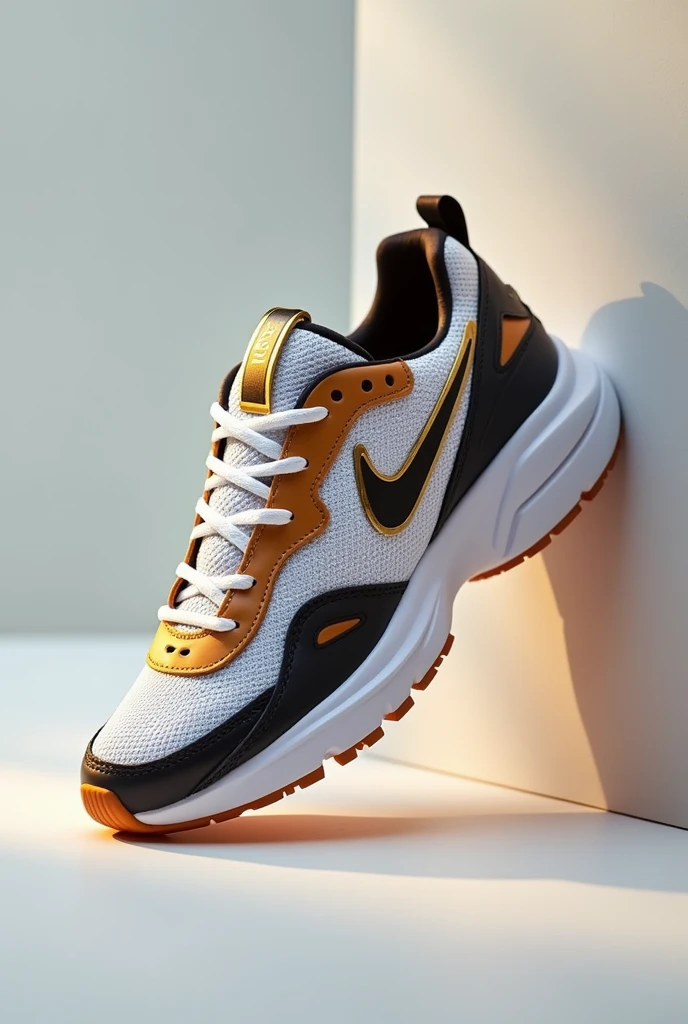portrait artistic photo of LV brand sport shoes , only white fluorescent , brown , black and golden colors