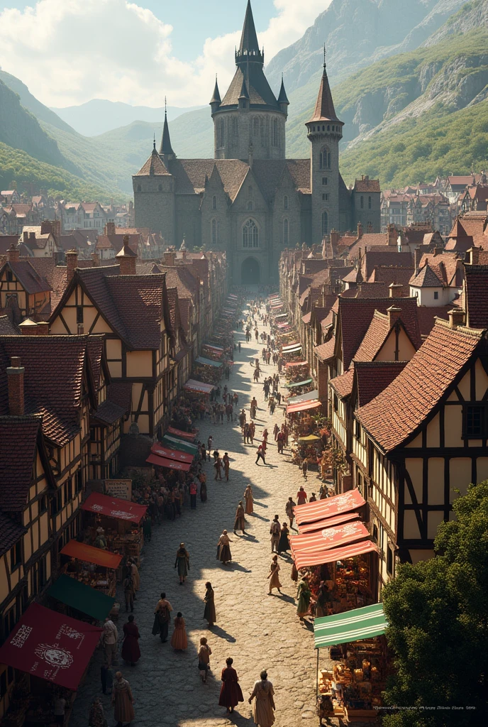 Medieval houses and markets inside a castle, the image seen from above
