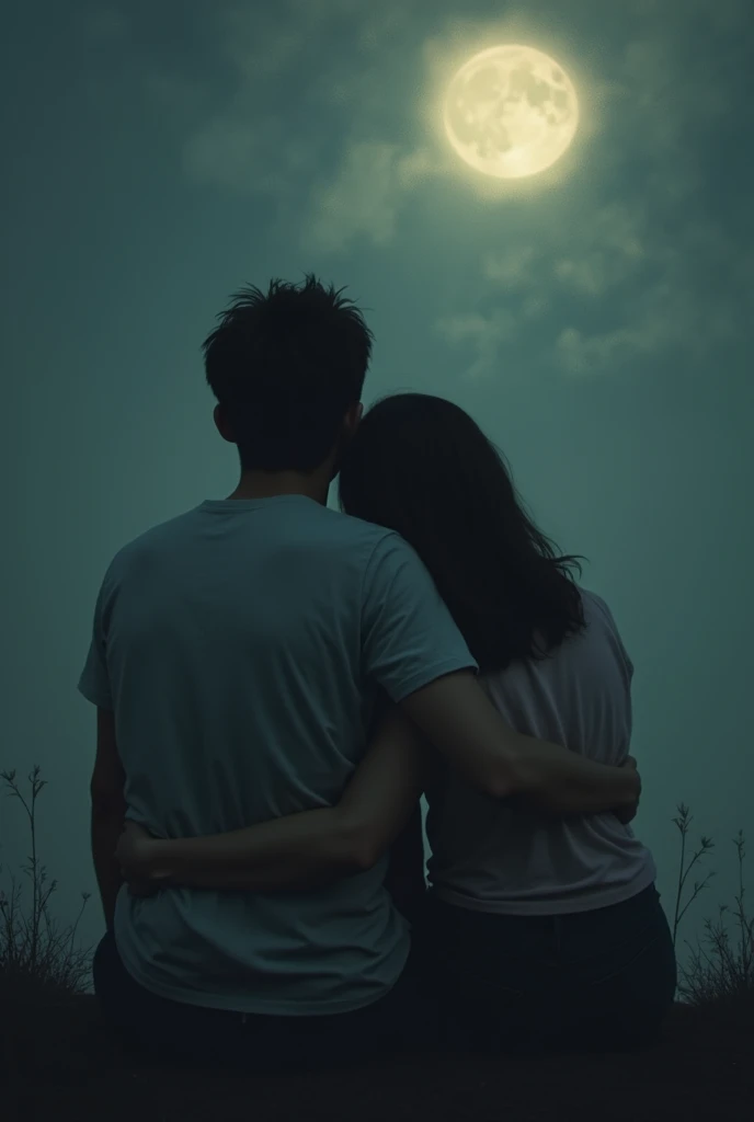 Vintage young couple looking at moon. Kind of blurry pic that gives a feel of 80s. Picture of thier while couple looking the moon
They are sitting while girl head is leaning on him
Make it black n white picture. A bit blurry also