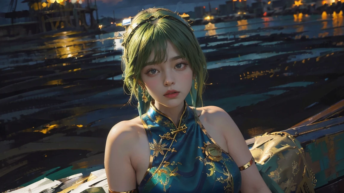 (The huge harbor in the background:1.5)，Oil painting style,The girl is on the other side,,Gold headdress，(green medium hair:1.2)，(Late Night:1.6),(Blue cheongsam:1.2),(Metal:1.2),(Fat Face:1.2),(Upper body:1.),(Blue armlet:1.1),Crimson lips,With bangs