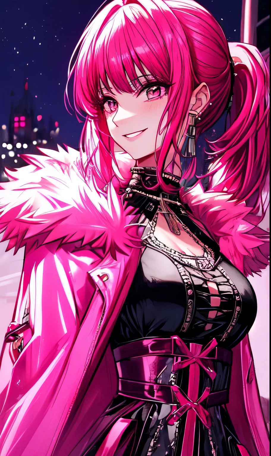 A beautiful gothic woman with long hot pink hair (haircut with bangs and ponytail), Latin eyes, smiling sweetly, wearing a stylish cyberpunk neon pink dress and a long fur jacket, Empty background of candlelit medieval street