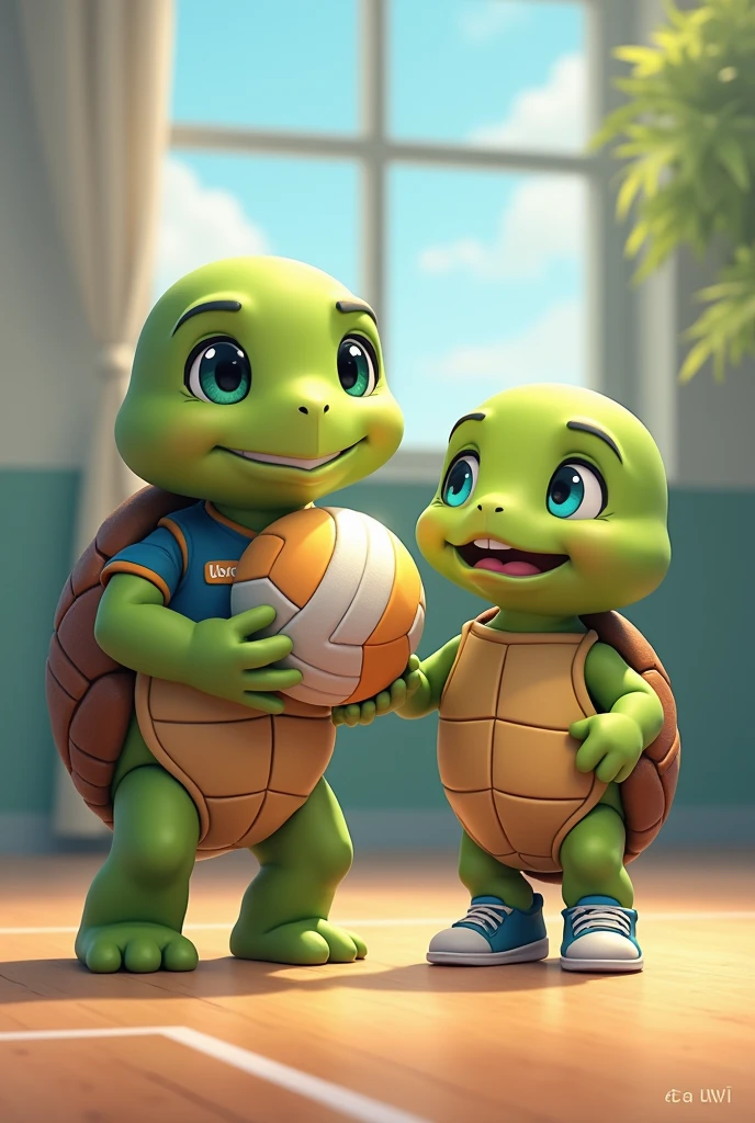 Waku and his friend Tina, are adorable teenage turtles with vibrant green skin and a rich brown shell, looking up with bright blue eyes that shine with excitement, as if celebrating a triumphant spike, they meet on a modern indoor volleyball court, prepared to train volleyball, wearing a small blue sleeveless t-shirt with a stylized orange "lsvm" logo on the chest, his tiny tennis shoes tied and ready for the next serve with a volleyball in his hands, capturing the essence of its joyful and competitive spirit, with soft, warm lighting that casts a comforting glow on the overall scene.